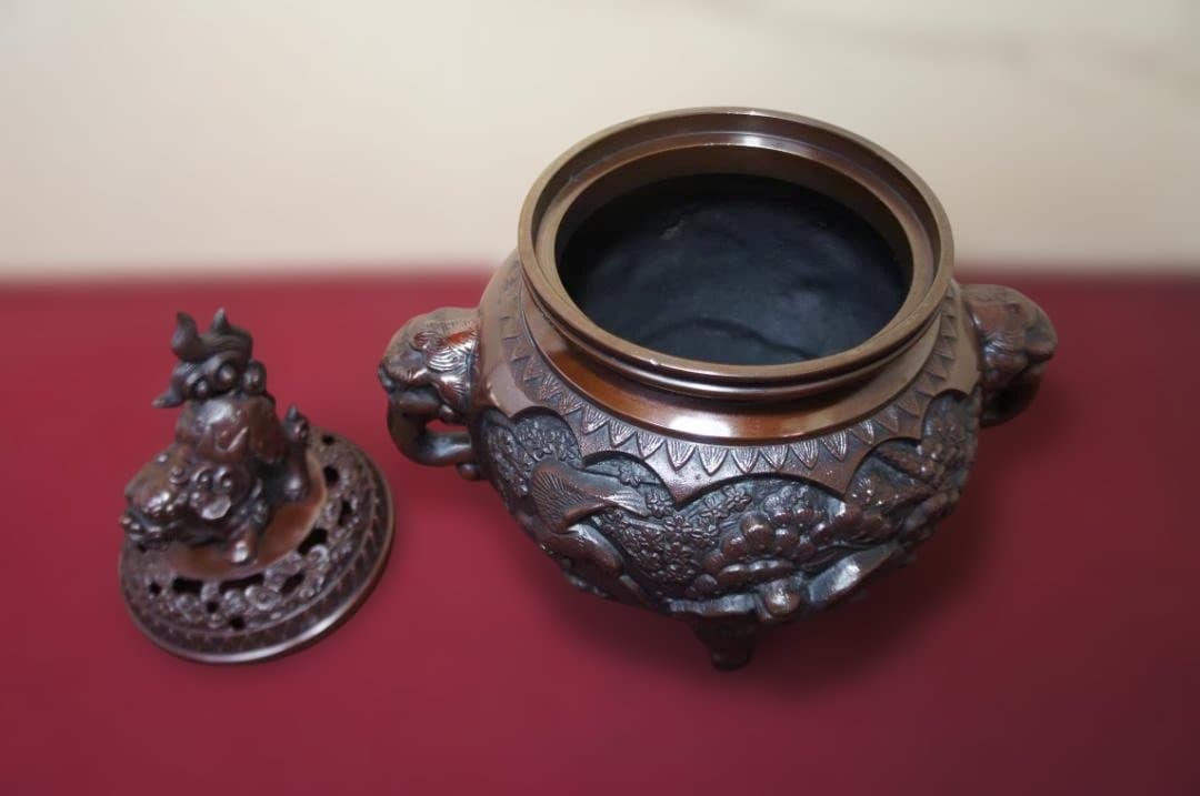 ★美品 高岡銅器 瑞峰作 新特大花鳥 高級銅製香炉 工芸作家造送料込み