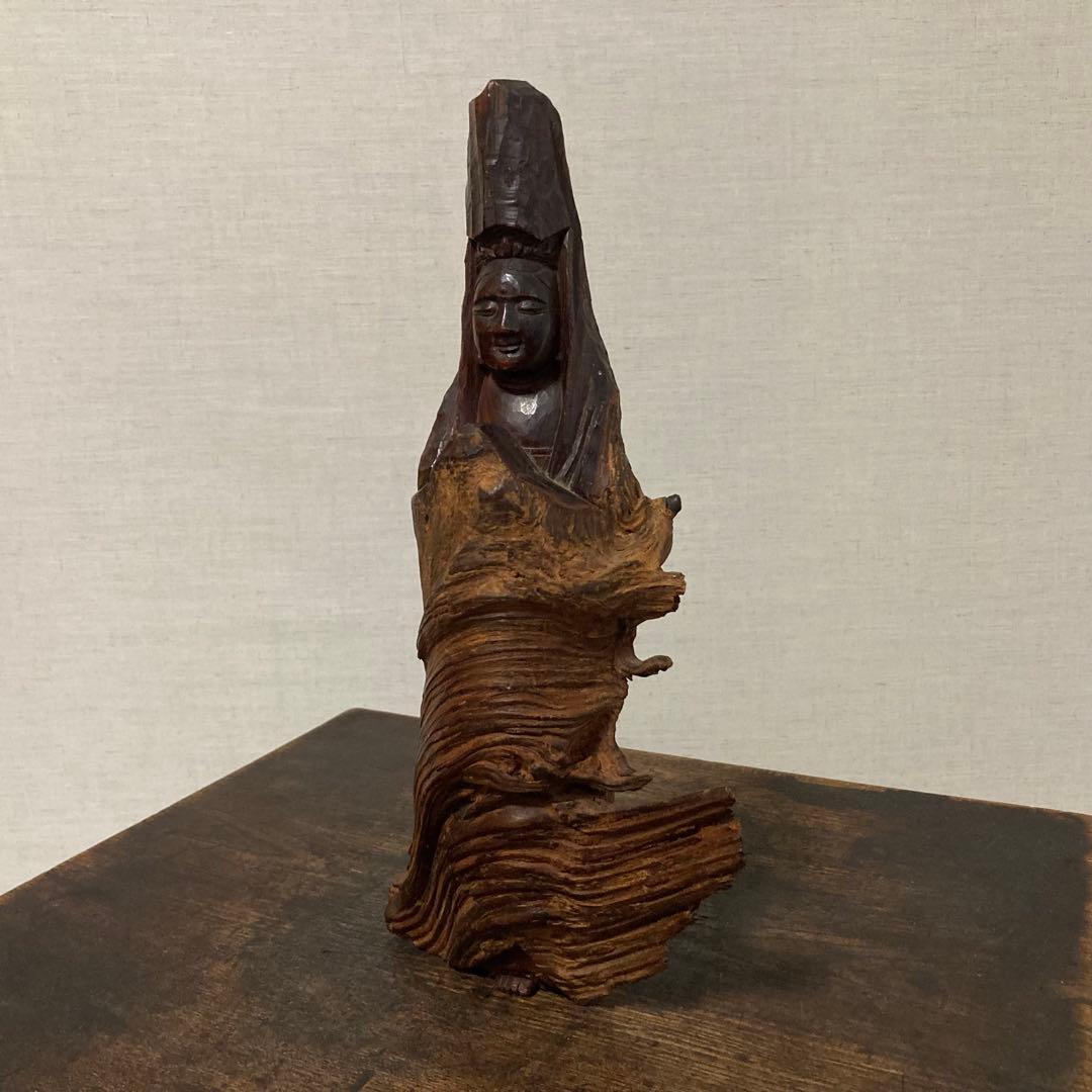 観音 菩薩 仏像 置物 オブジェ 木彫り 彫刻 木製 美術 工芸品 骨董 レトロ