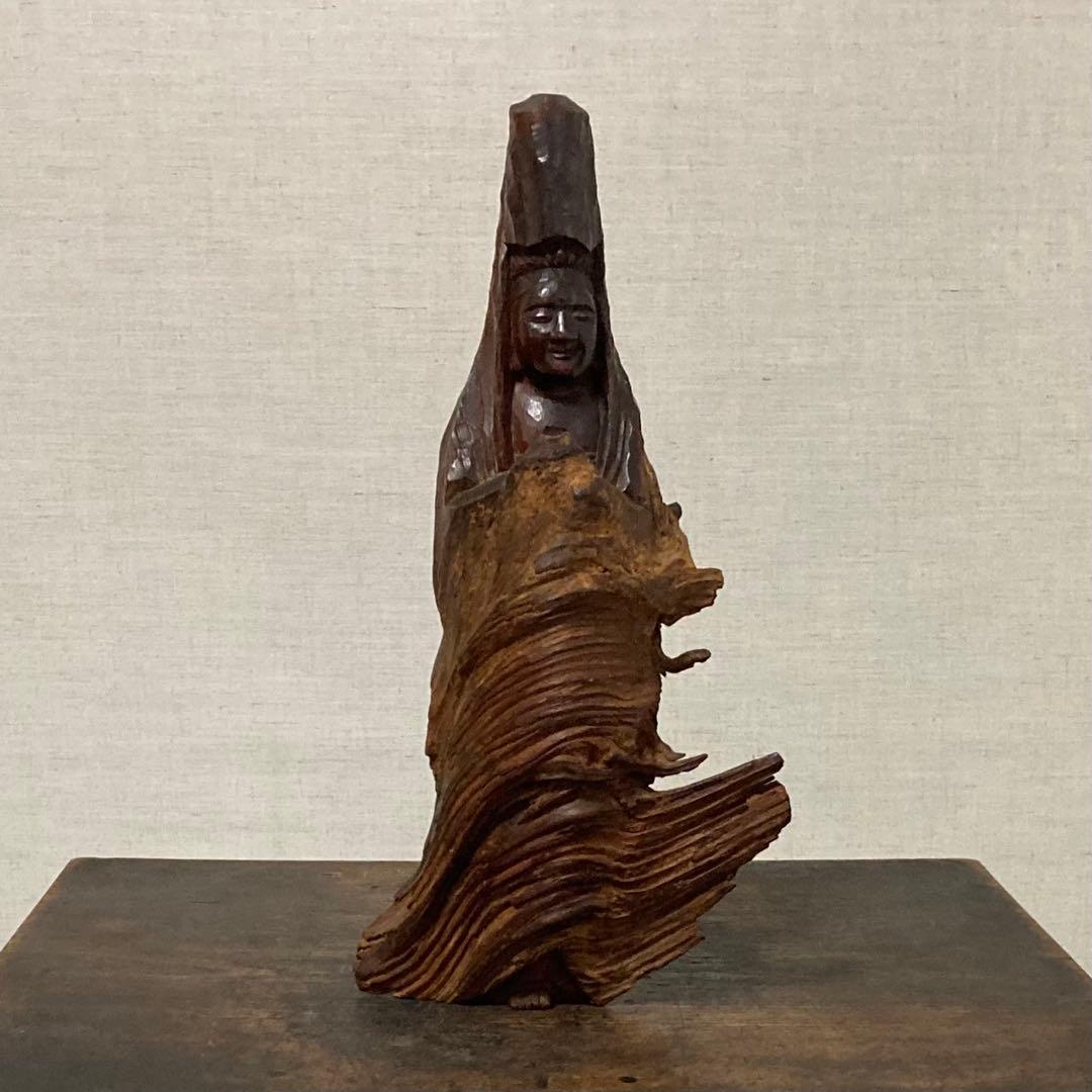 観音 菩薩 仏像 置物 オブジェ 木彫り 彫刻 木製 美術 工芸品 骨董 レトロ