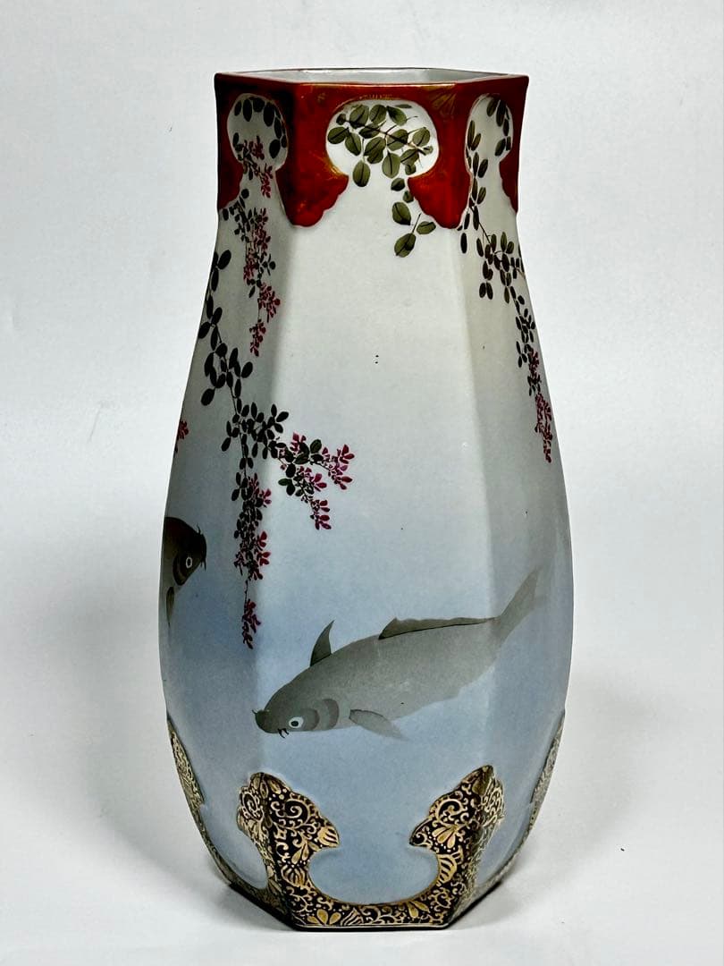 明治 名古屋絵付け 鯉文六角花瓶 松村九助 森村組