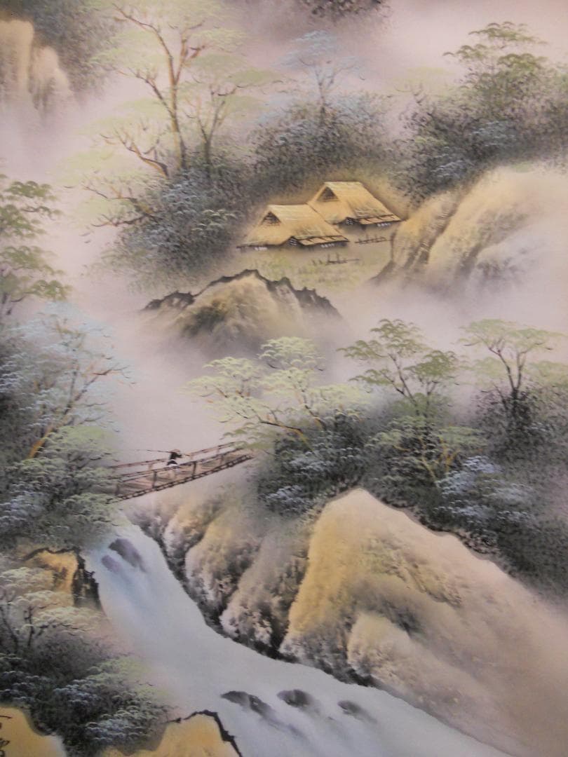 掛け軸 春雪 彩色山水 絹本 希少 軸装 茶道具 掛軸 美品 です。