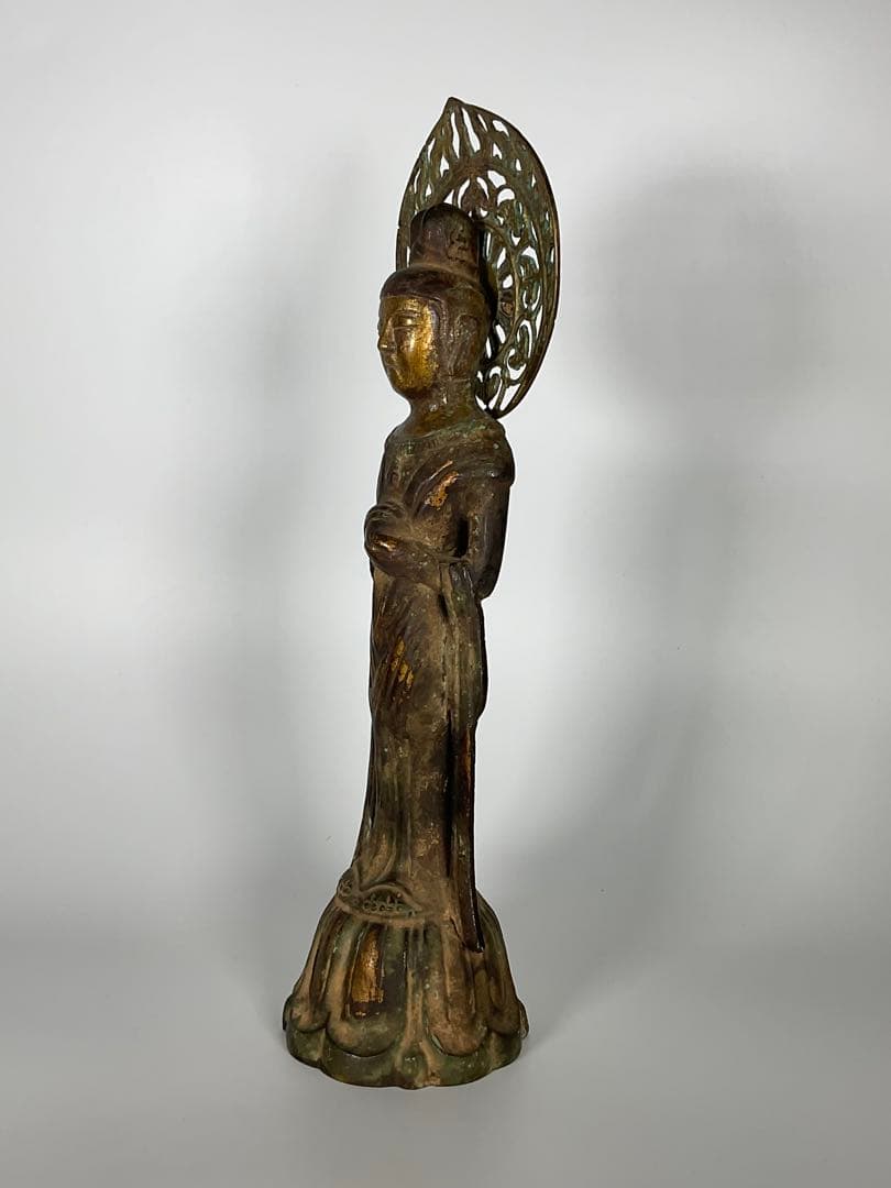 金銅仏　新羅仏　百済仏　観音菩薩　仏像　全高約32cm　仏教美術