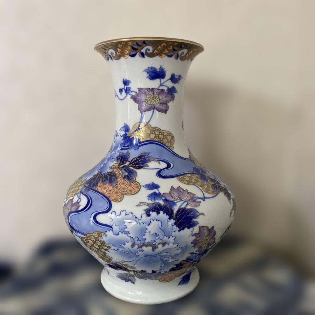 明治時代　オールド初期香蘭社　金彩牡丹染錦花瓶