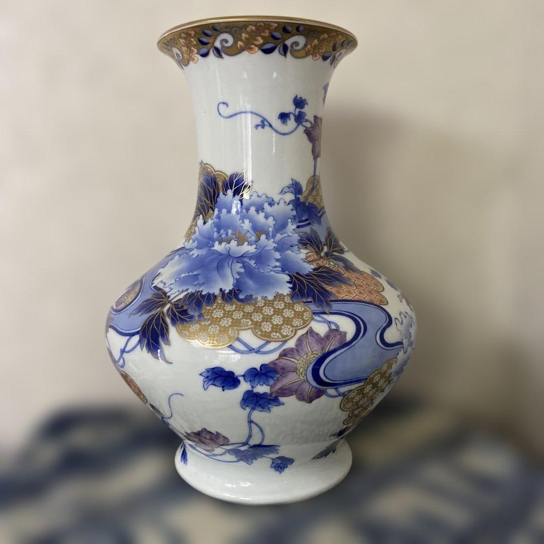 明治時代　オールド初期香蘭社　金彩牡丹染錦花瓶