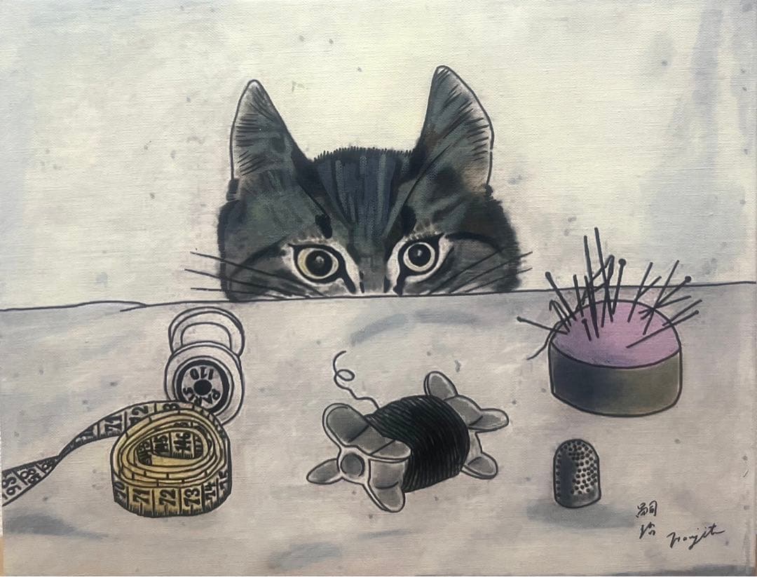【F6号】藤田嗣治（仕立て屋の猫）手描き/表裏サイン有/油彩/裏シール有り/額縁
