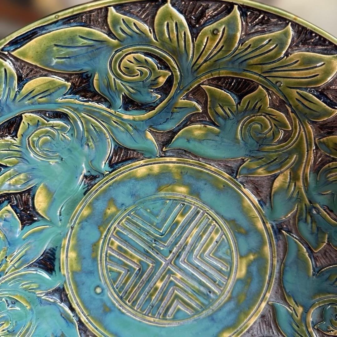 壺屋焼.小橋川永弘.緑釉.唐草.掻き落とし.大皿.希少品.未使用品