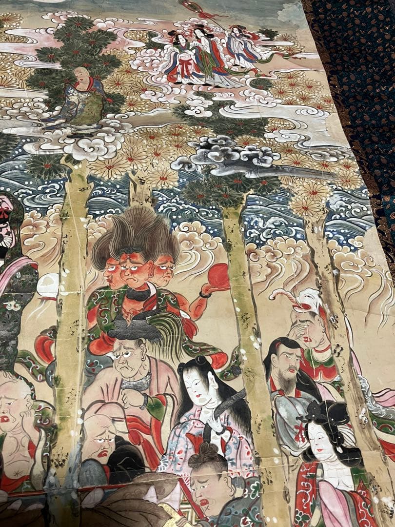 掛軸 超大幅 古仏画 『釈迦涅槃図』 紙本 肉筆 彩色 箱無 仏画 仏教美術