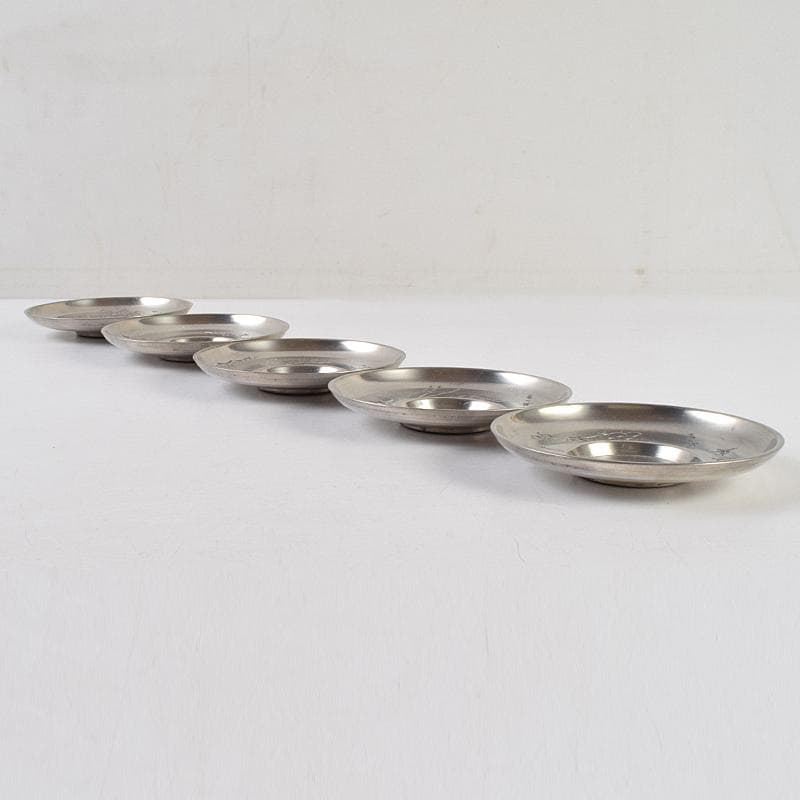 平安　邃古居　秦蔵六造　純錫　倣張萬順之作意　圓式茶托　五客　共箱　GR9455