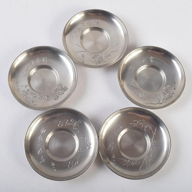 平安　邃古居　秦蔵六造　純錫　倣張萬順之作意　圓式茶托　五客　共箱　GR9455