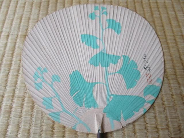美品 大正時代◆西村青歸 直筆 日本画『グラジオラス・イチョウ』団扇うちわ 2枚