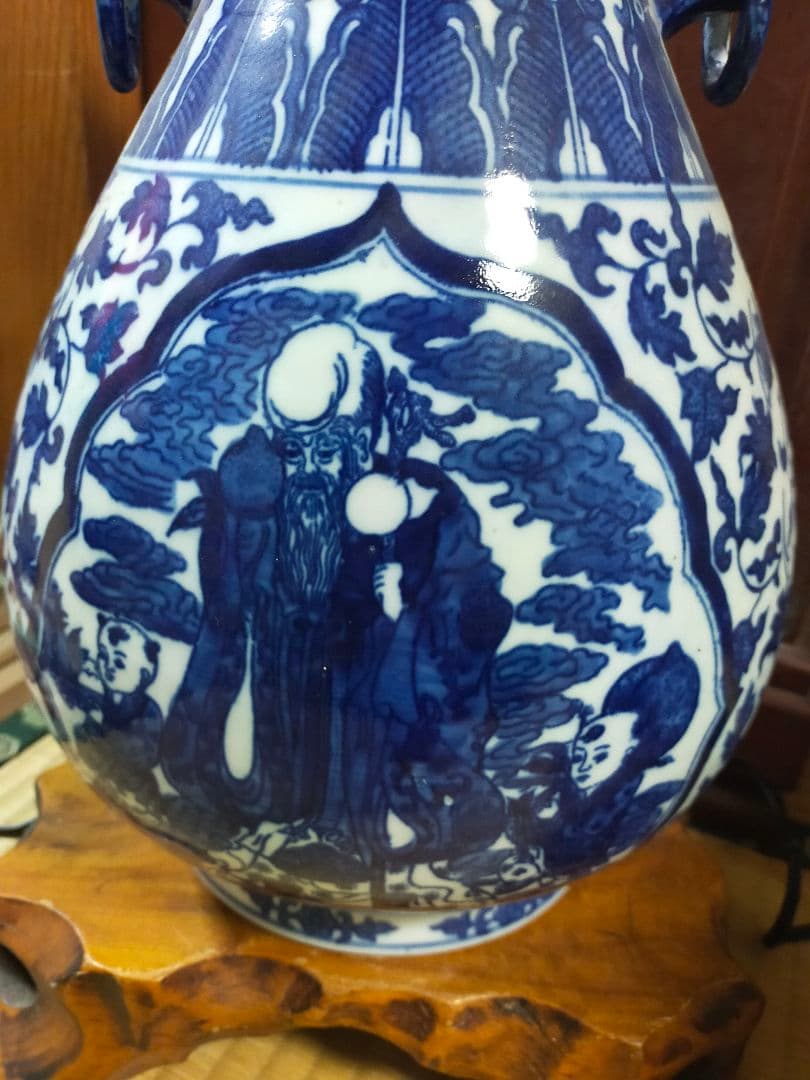 青花桃仙人図耳環付花瓶/大清乾隆年製/飾壺/中国美術 高さ約42cm