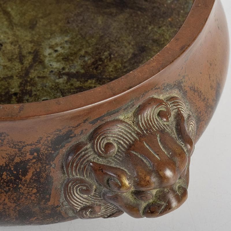 NM　中国　古銅　双獅子耳香炉　在銘　M　R9067