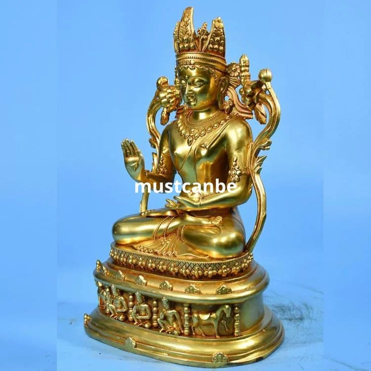 精緻な金属製仏像、大日如来仏、金色の装飾、仏教文化の象徴。