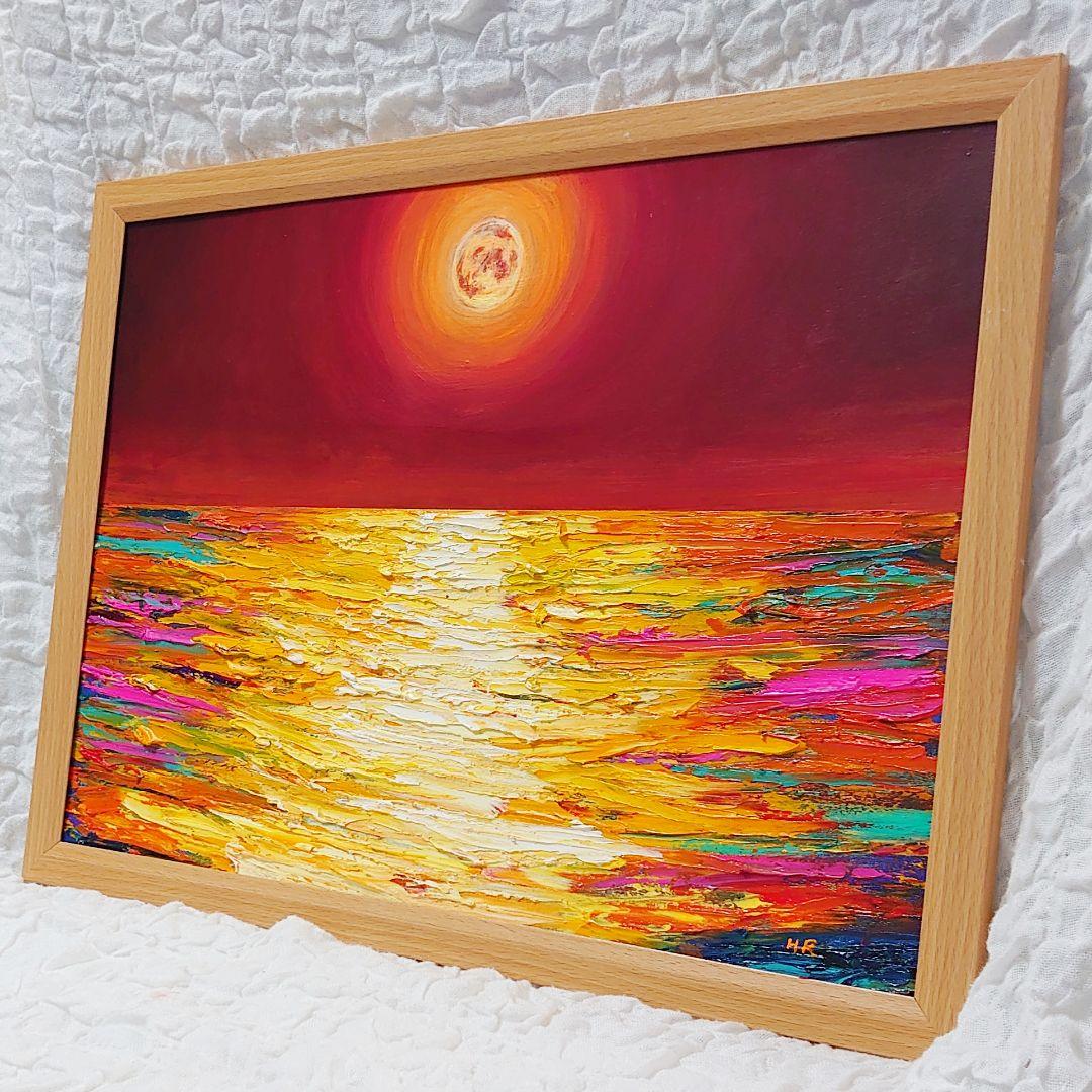 油絵 絵画 オレンジの月【Ａ3】