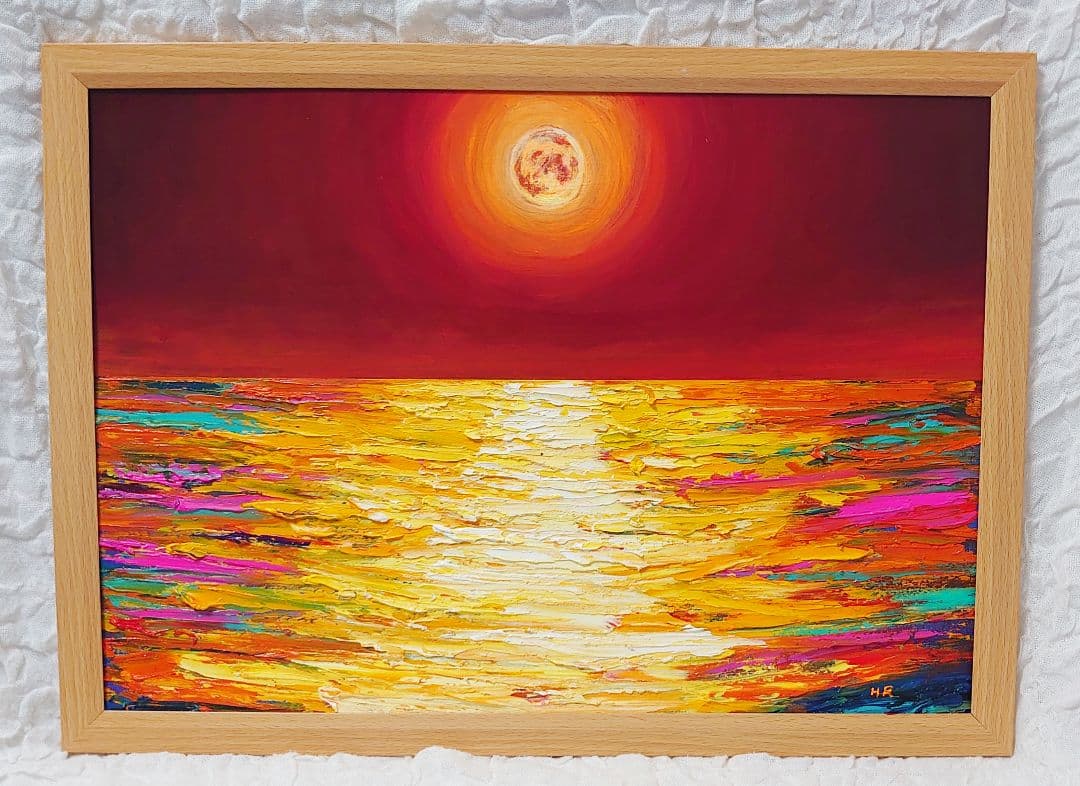 油絵 絵画 オレンジの月【Ａ3】