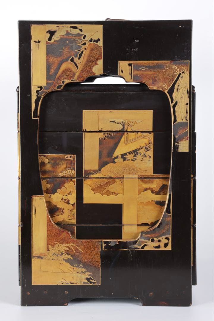 漆塗金蒔絵 野弁当 野点 花見重 重箱 錫製徳利 台付 骨董 古美術漆器 漆