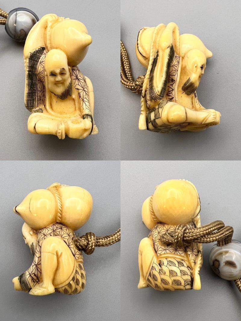 蒔絵五段印籠 風景図蒔絵 金梨地 瓢箪仙人牙根付 瑪瑙 緒締 精細細工 明治時代