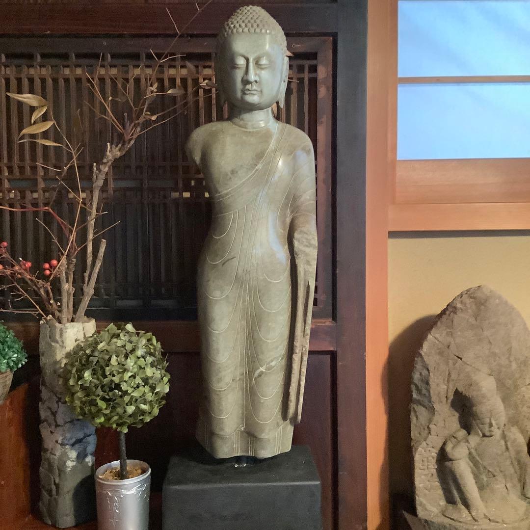 北魏・石仏「阿弥陀如来立像」南北朝時代・北斎・中国古代緑玉・隋極上青石細工彫刻