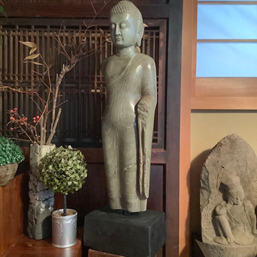 北魏・石仏「阿弥陀如来立像」南北朝時代・北斎・中国古代緑玉・隋極上青石細工彫刻