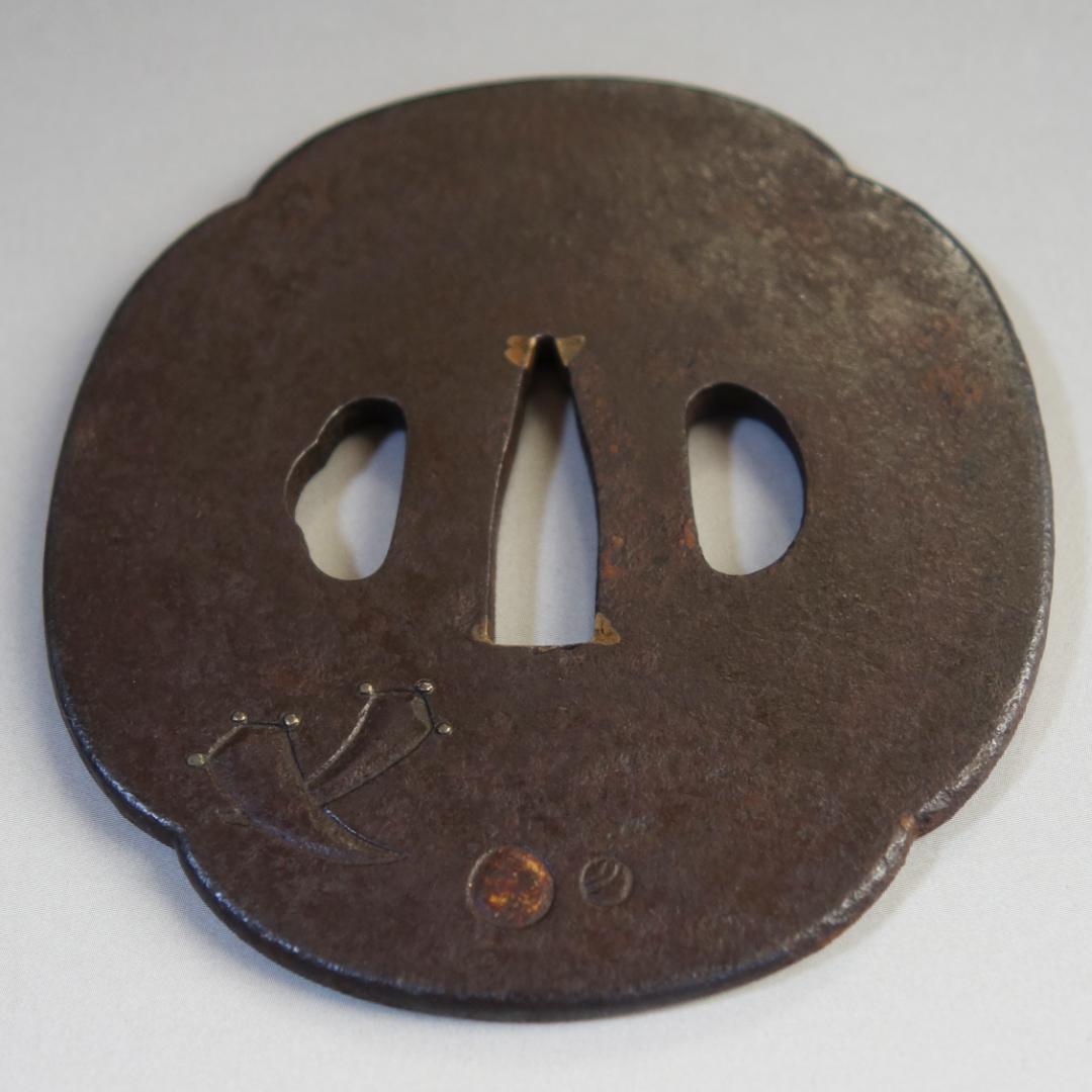 【大黒天図鍔 片切彫 銀象嵌 鍍金】 鐔 鍔 刀装具 日本刀 武具 江戸 骨董