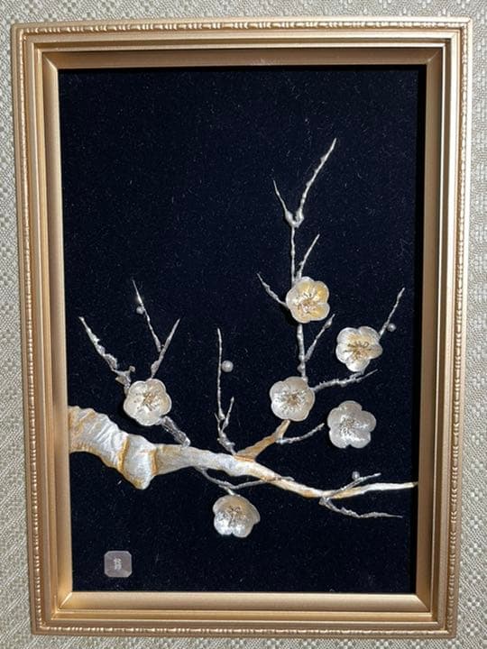 s667　純銀製　貴金属画　銀細工　梅　額　レリーフ