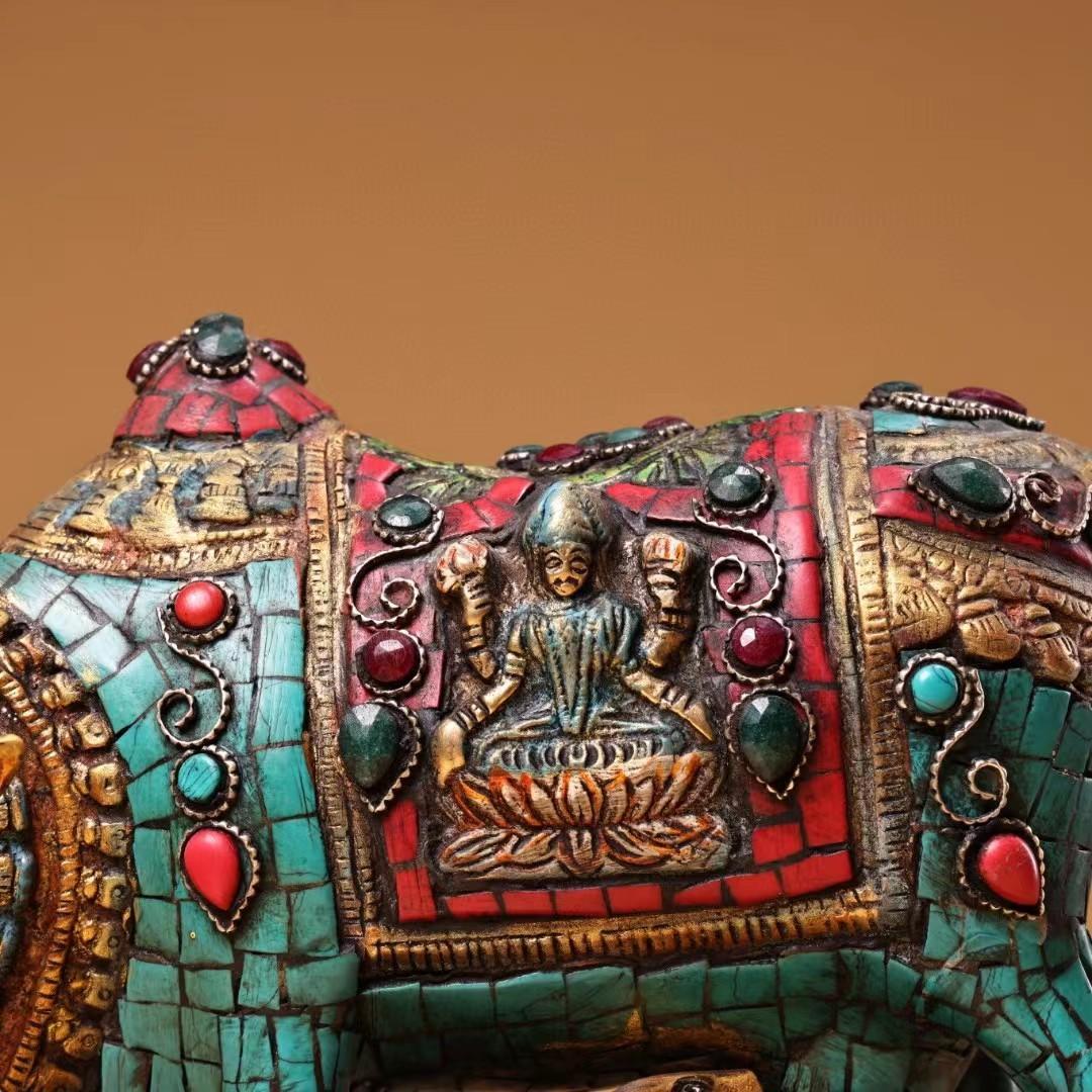 中国古美術・旧蔵チベット純銅親子牛の平安牛・純手作り・彩絵描金・置物・案頭・文房