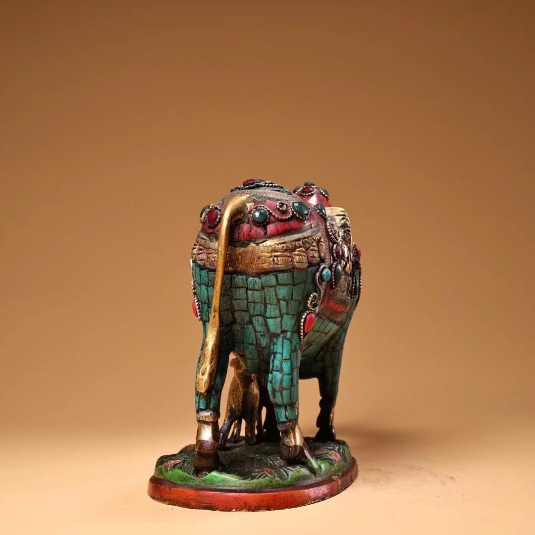 中国古美術・旧蔵チベット純銅親子牛の平安牛・純手作り・彩絵描金・置物・案頭・文房