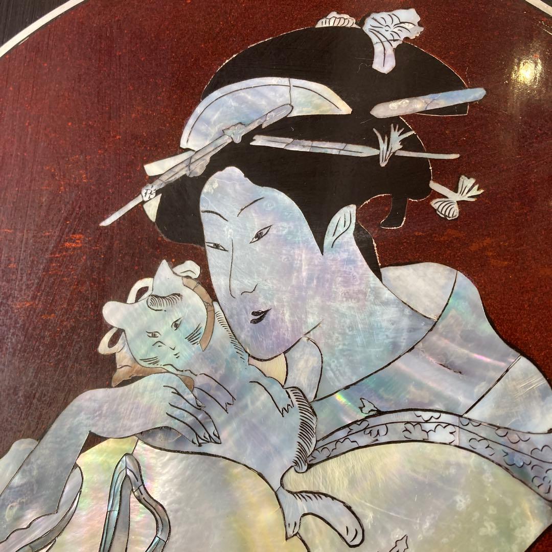 希少 螺鈿 猫を抱いた女性 美人画 浮世絵 天然木 漆器 古画 アンティーク