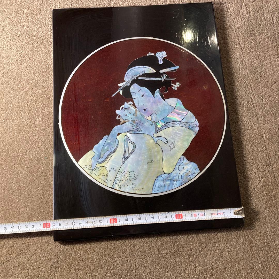 希少 螺鈿 猫を抱いた女性 美人画 浮世絵 天然木 漆器 古画 アンティーク