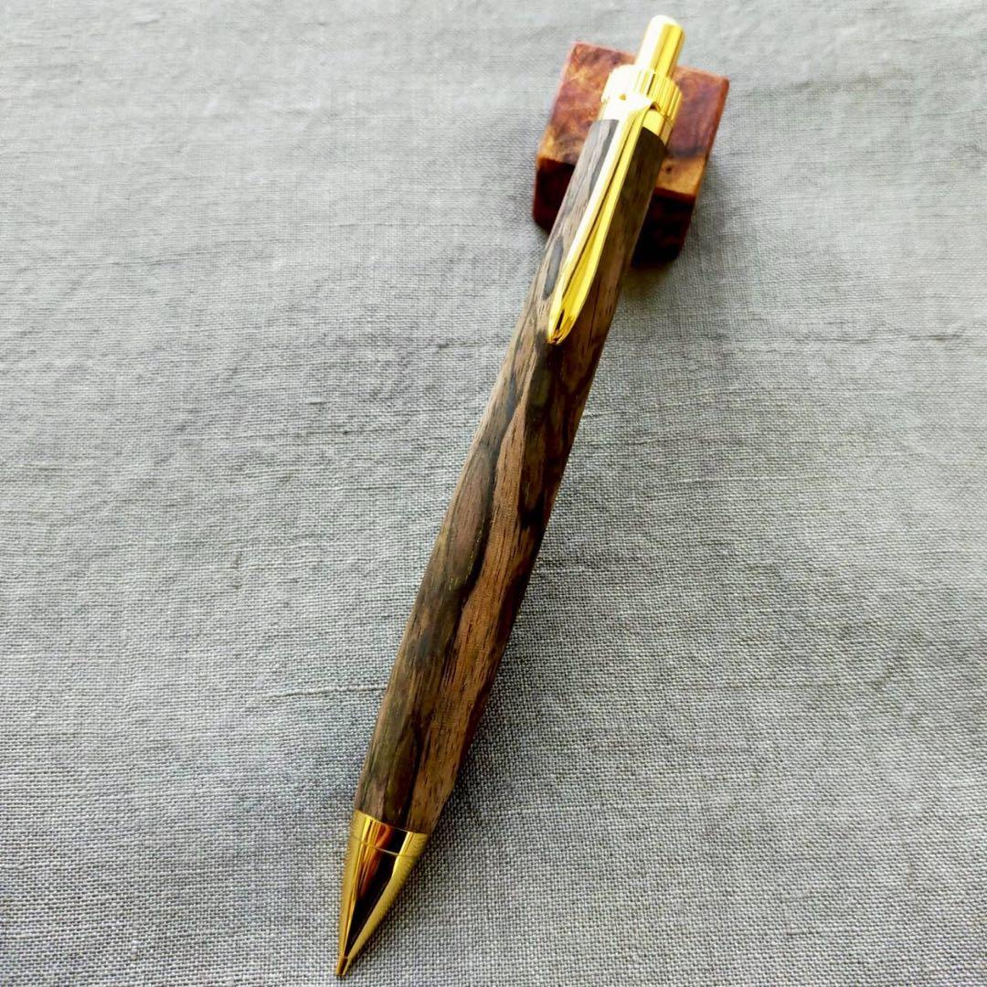 上杢　黒柿孔雀杢　ハンドメイド　木軸シャープペン　0.5mm　天然木　ゴールド