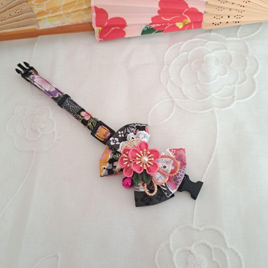 お正月、つまみ細工リボン(黒②)わんちゃん猫ちゃん用首輪