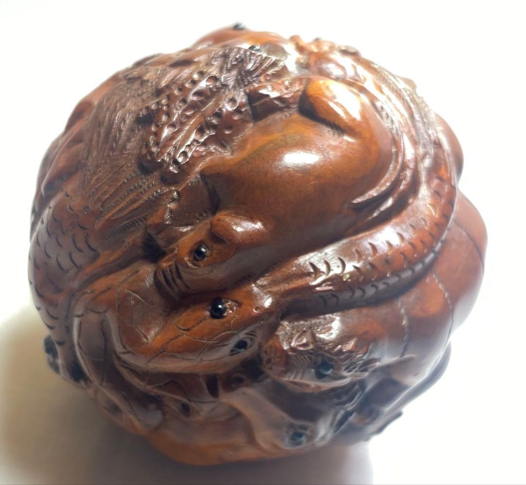 柘植材　大玉十二支置物、縁起物黄楊繊細彫刻　木製