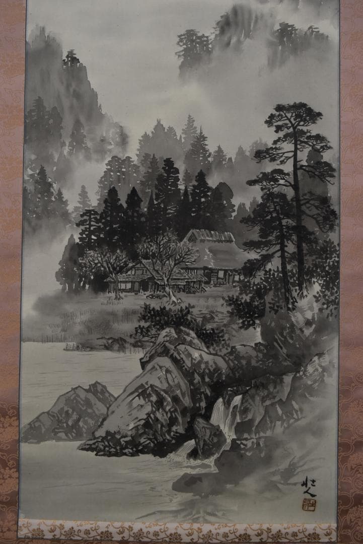 【真作】行近壮人/深山雨斉/山水図/掛軸☆宝船☆Z-773