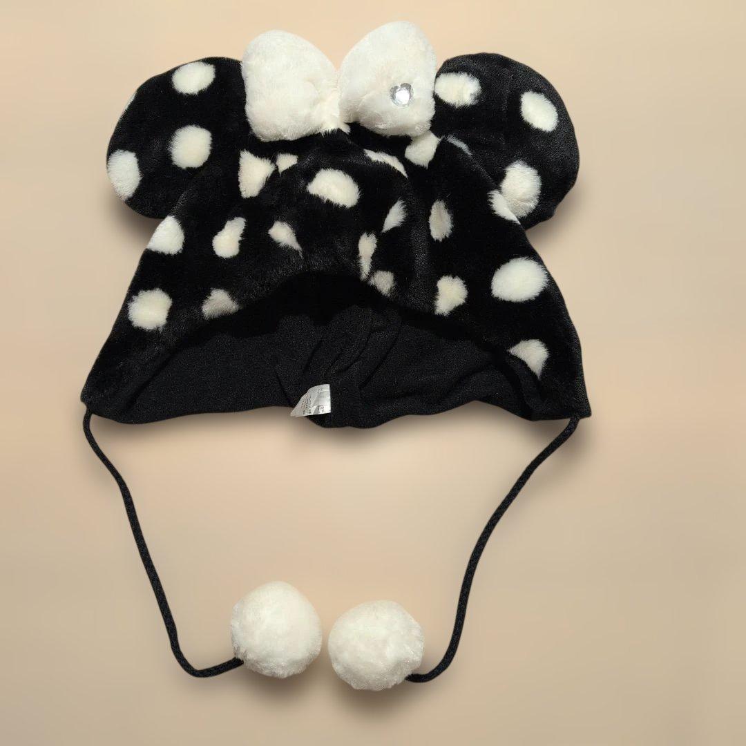 ディズニー　レア　ミニー　ファンキャップ　防寒　リボン　水玉　ドット　黒　白