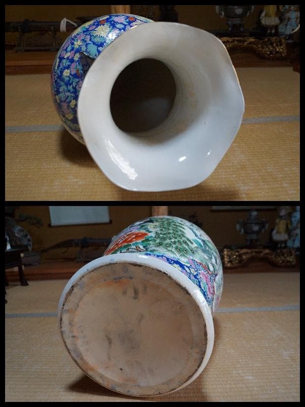 超特大型 景徳鎮製 粉彩色絵窓絵『山水風景孔雀牡丹祥瑞文』飾り壺花瓶高79cm