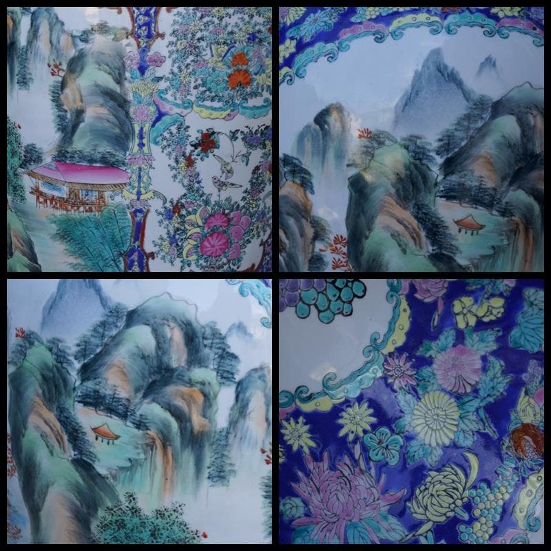 超特大型 景徳鎮製 粉彩色絵窓絵『山水風景孔雀牡丹祥瑞文』飾り壺花瓶高79cm