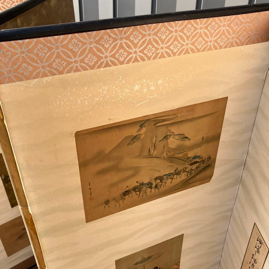 D-4 アンティーク 六曲屏風 貼交屏風 浮世絵 和歌 扇面 希少 六曲一隻