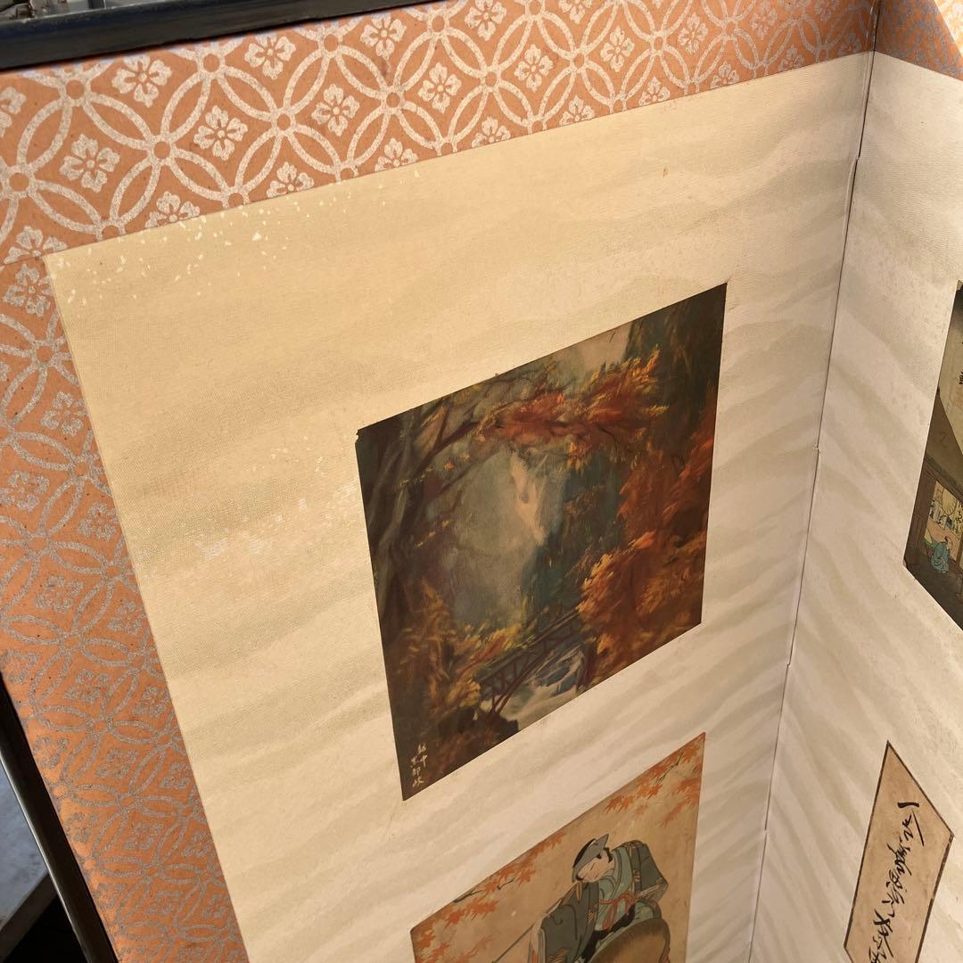 D-4 アンティーク 六曲屏風 貼交屏風 浮世絵 和歌 扇面 希少 六曲一隻