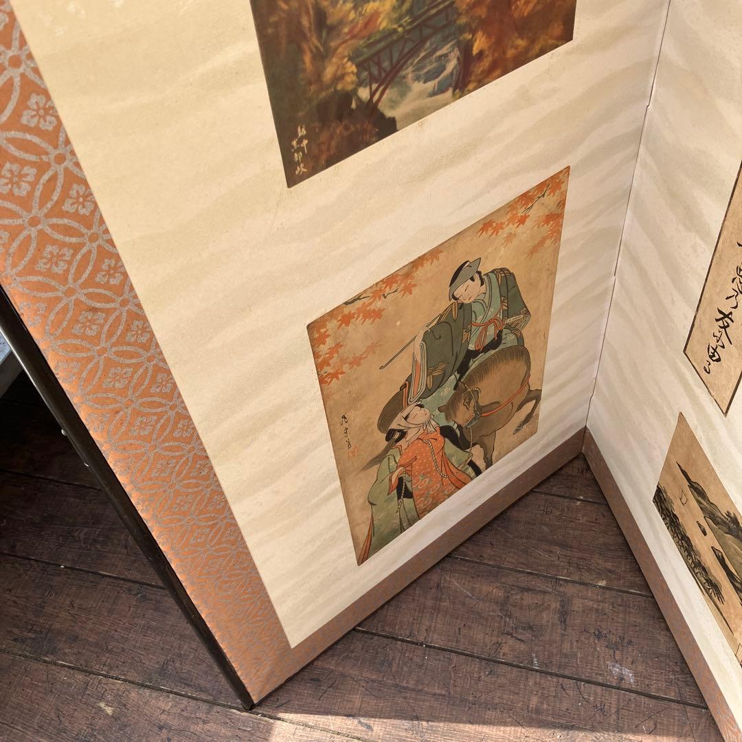 D-4 アンティーク 六曲屏風 貼交屏風 浮世絵 和歌 扇面 希少 六曲一隻