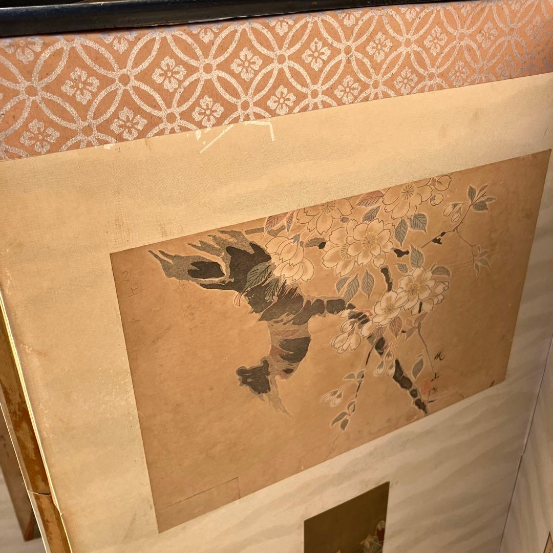 D-4 アンティーク 六曲屏風 貼交屏風 浮世絵 和歌 扇面 希少 六曲一隻