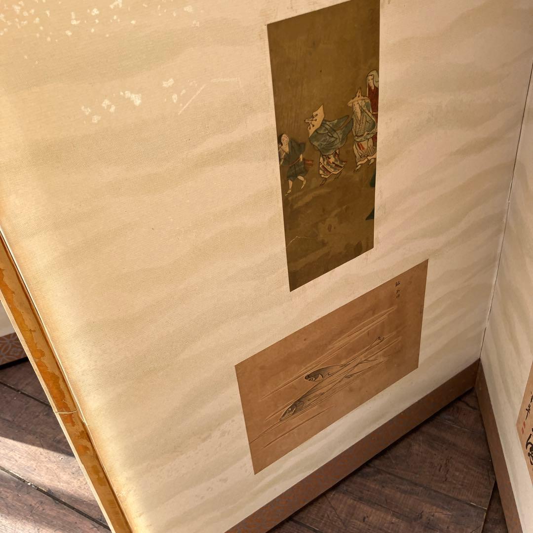 D-4 アンティーク 六曲屏風 貼交屏風 浮世絵 和歌 扇面 希少 六曲一隻