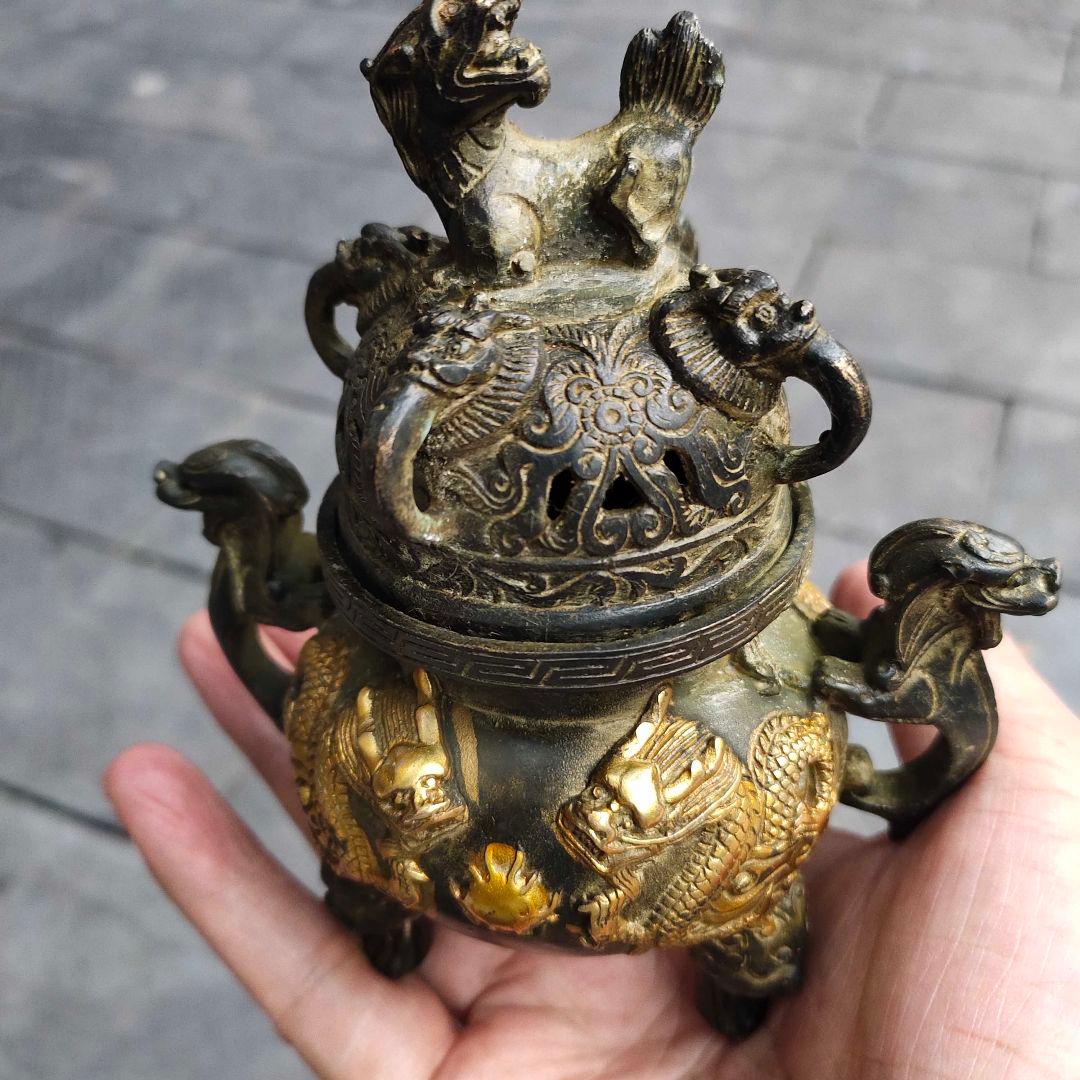 銅 細工 二龍戯珠薫香炉 香道具 仏具 工芸品 美術品 置物
