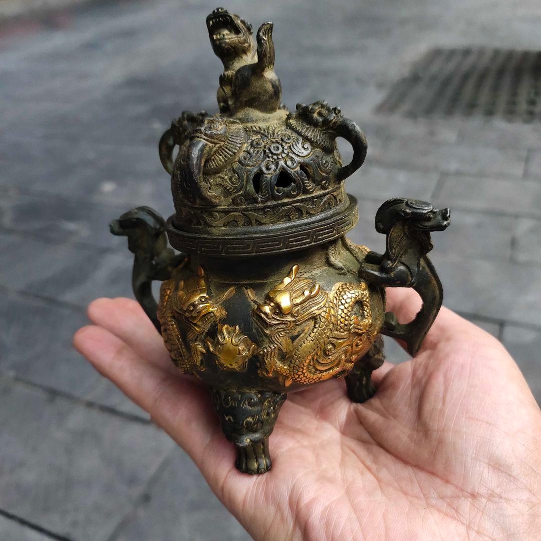 銅 細工 二龍戯珠薫香炉 香道具 仏具 工芸品 美術品 置物
