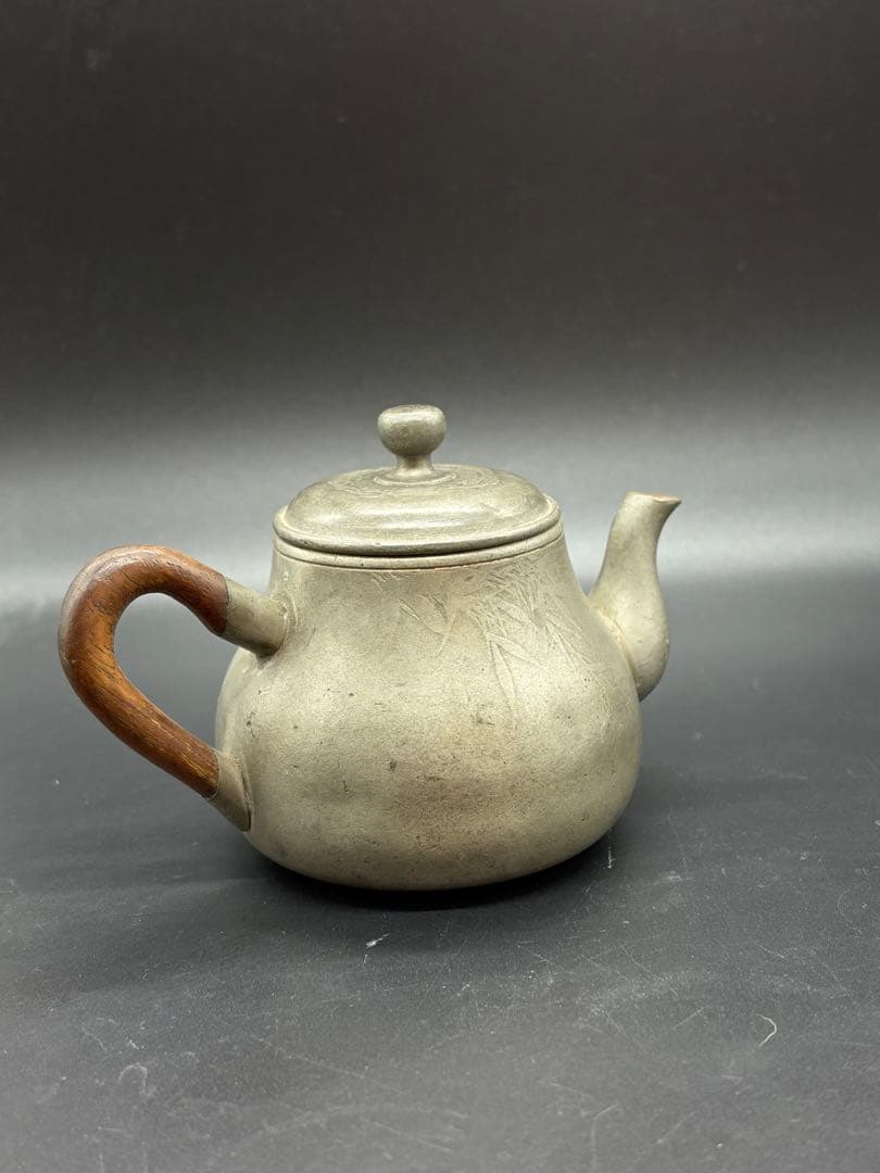 煎茶道具 古錫製 草花紋 木製持手彫細工 一文字急須 /煎茶器 錫器 本錫製