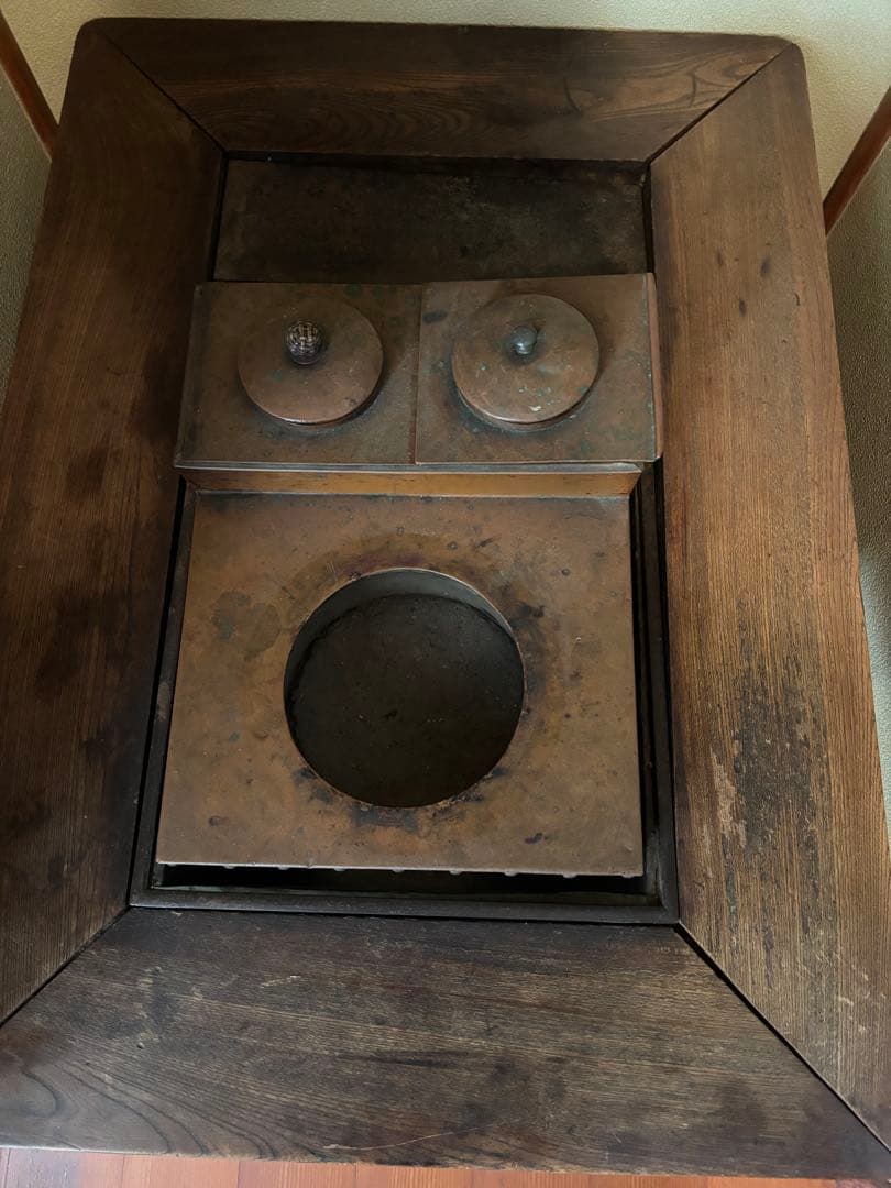 長火鉢テーブル木製囲炉裏 角形 金属蓋付き