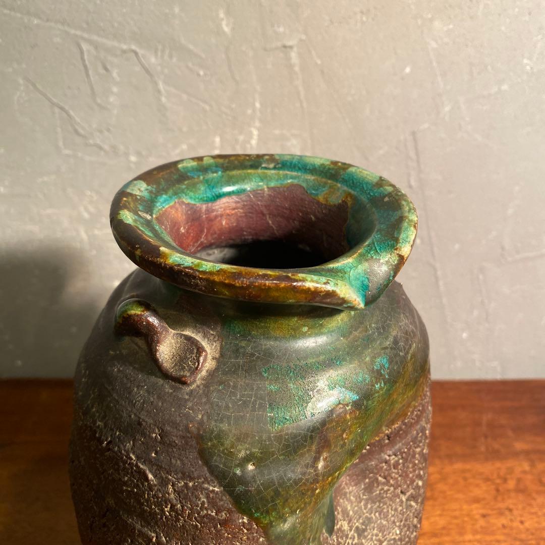 信楽焼 古仙堂 緑釉双耳花入 花瓶 花器 骨董品 時代物 インテリア