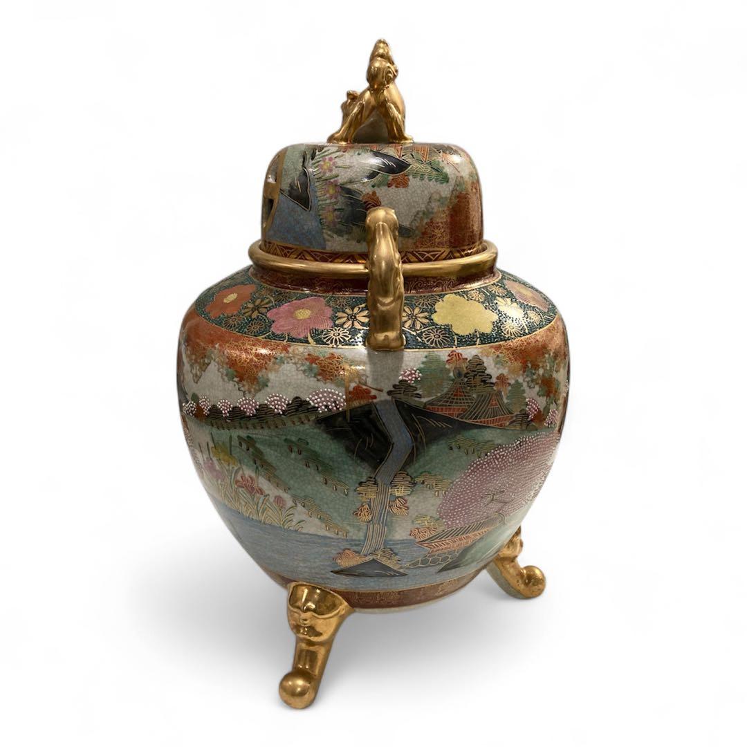 薩摩焼 香炉　薩摩十字　薩摩錦風造　三足　獅子　香炉 香道具　茶道具　古美術