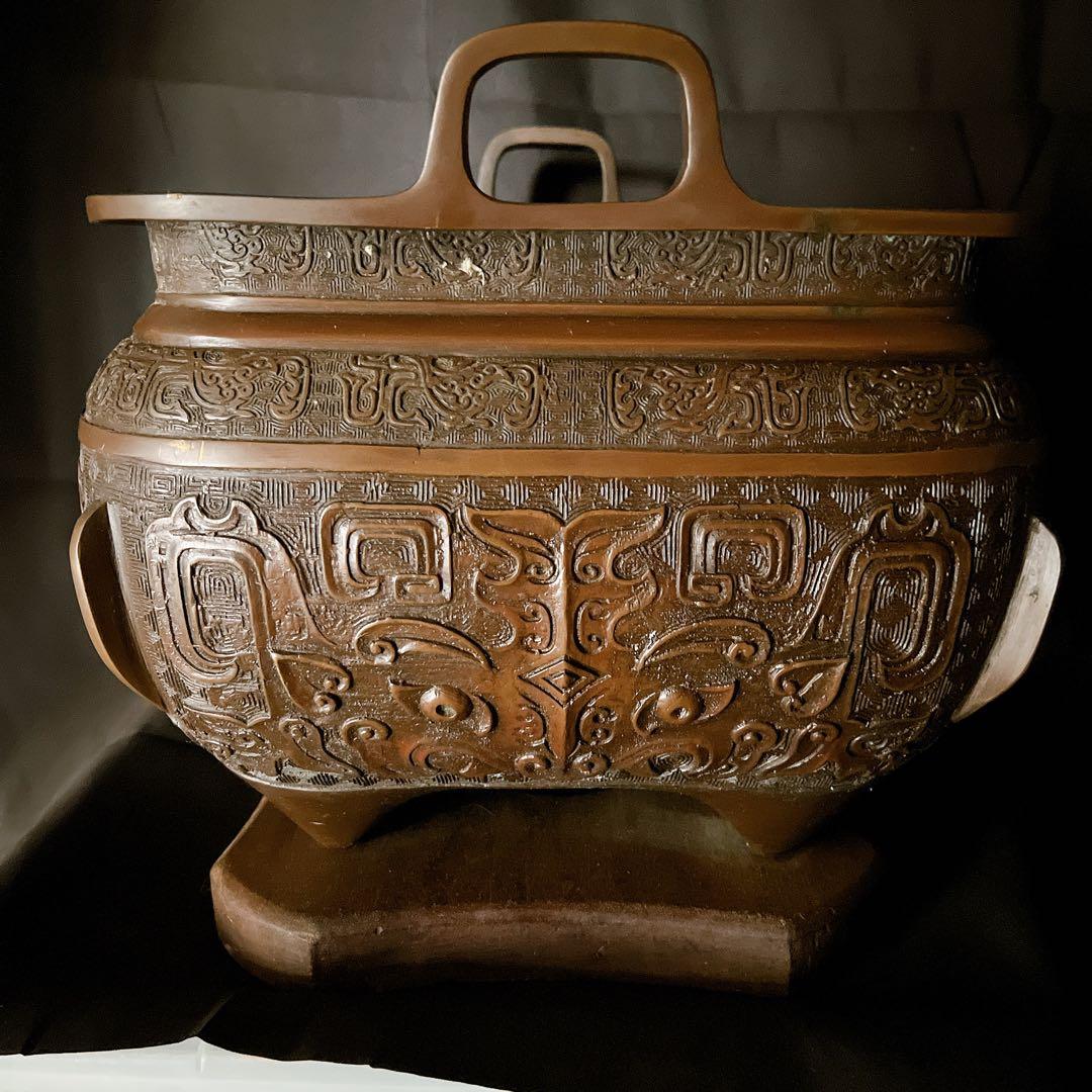 蔵出し　中国古玩 唐物 唐銅 饕餮紋耳付火鉢 古美術品 伝統工芸品