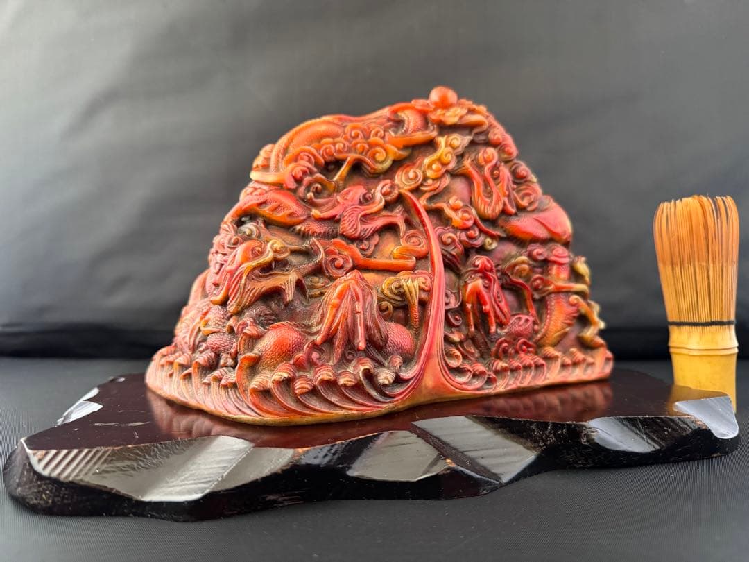 石材彫 龍 彫刻 置物 台座 魔除　風水 開運 金運 骨董 美術 アンティーク