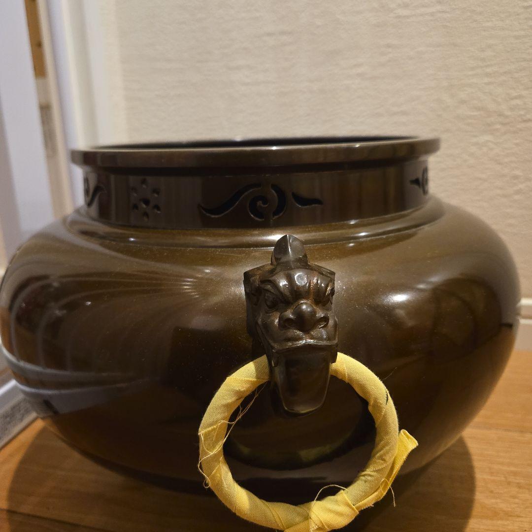 【新品・未使用】　釜師高橋敬典、風炉師秀峰作　唐銅鬼面風炉　平丸釜添　桐箱入